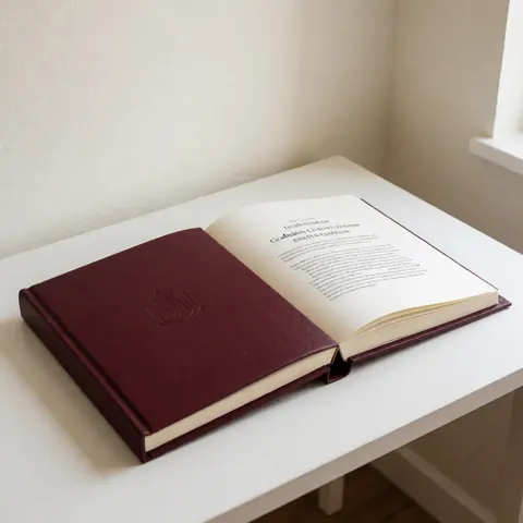 Album de graduation en cuir marron foncé ouvert sur une table blanche, révélant des pages bilingues sous une lumière naturelle douce.