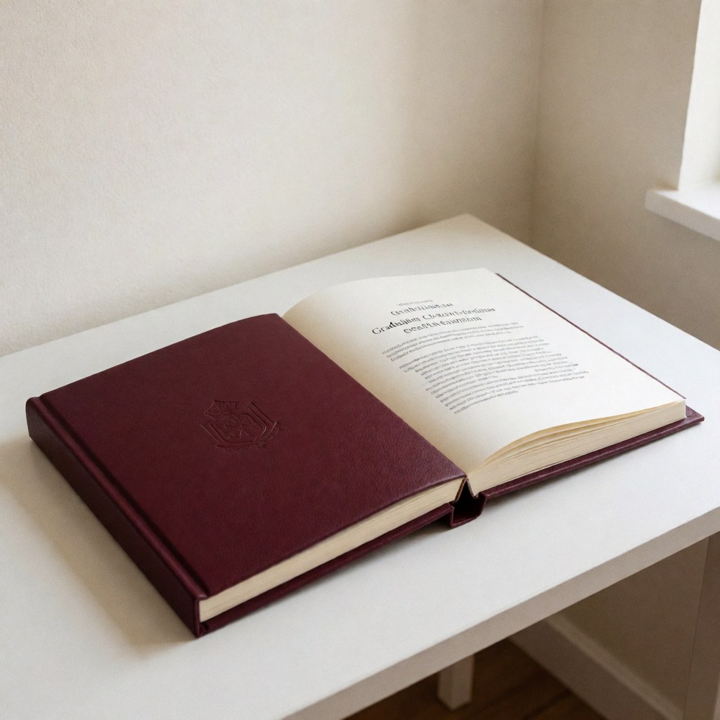 Album de graduation en cuir marron foncé ouvert sur une table blanche, révélant des pages bilingues sous une lumière naturelle douce.