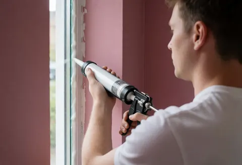 Vue arrière d'un technicien professionnel appliquant du scellant avec un pistolet sur un cadre de fenêtre, devant un mur rose, en lumière naturelle.