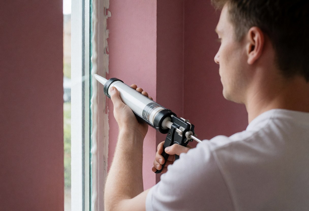 Vue arrière d'un technicien professionnel appliquant du scellant avec un pistolet sur un cadre de fenêtre, devant un mur rose, en lumière naturelle.
