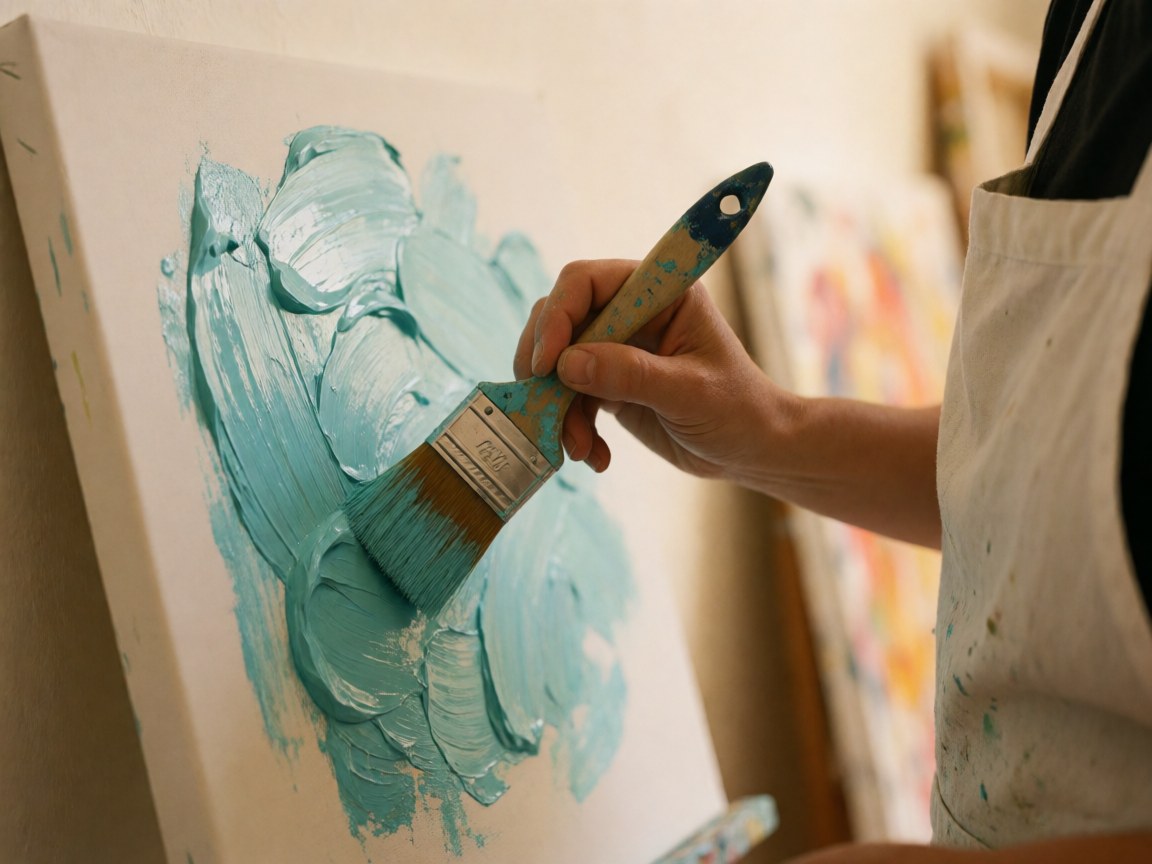 Une main avec un tablier blanc applique de la peinture turquoise sur une toile blanche avec un pinceau plat, sur un fond de studio chaud et flou.