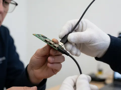 Main gantée de blanc branchant un câble usb sur une carte électronique verte dans un atelier, en gros plan avec éclairage précis.