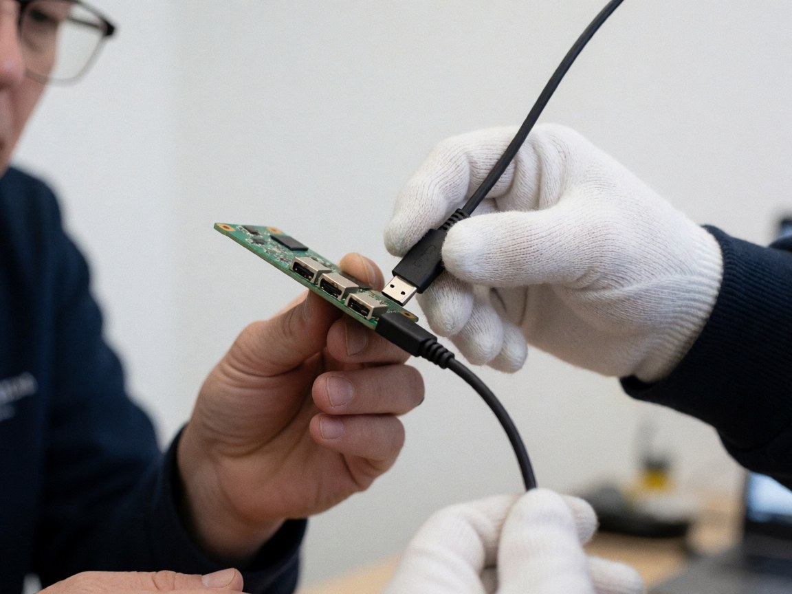 Main gantée de blanc branchant un câble usb sur une carte électronique verte dans un atelier, en gros plan avec éclairage précis.