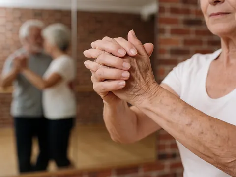 Gros plan sur les mains d'une personne âgée en tango, reflet dans un miroir, mur de briques, connexion et mouvement fluide.