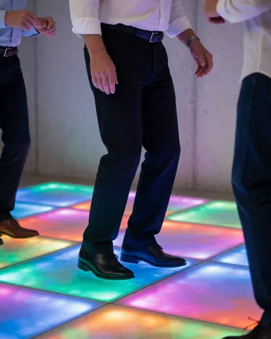 Pieds d'adultes sur un sol de salle d'événements avec des lumières LED changeantes, murs en béton et ambiance professionnelle vibrante.