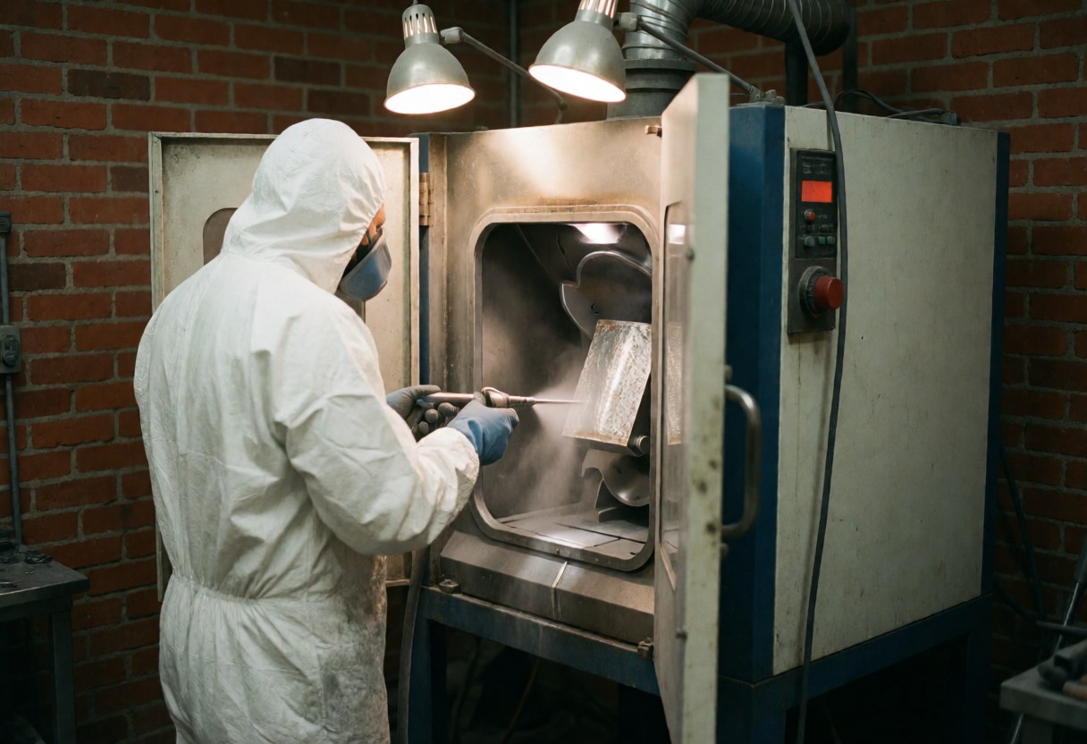 Un ouvrier en combinaison blanche utilise une machine de nettoyage par projection pour traiter des pièces métalliques dans un atelier industriel.