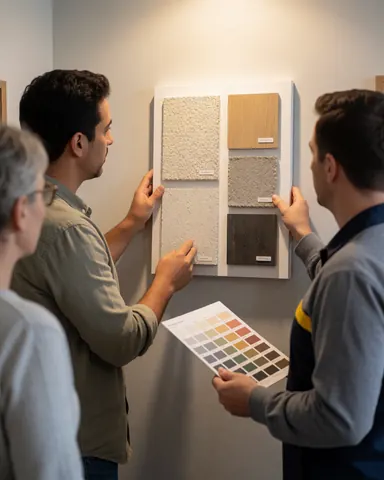 Un client et un professionnel consultent ensemble des échantillons de textures et de couleurs pour des finitions murales, tenant une palette chromatique dans un magasin spécialisé.