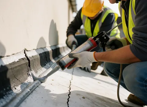 Un ouvrier en casque et gilet de sécurité applique du mastic gris sur une fissure d'un toit en fibre de verre, avec un collègue en arrière-plan.