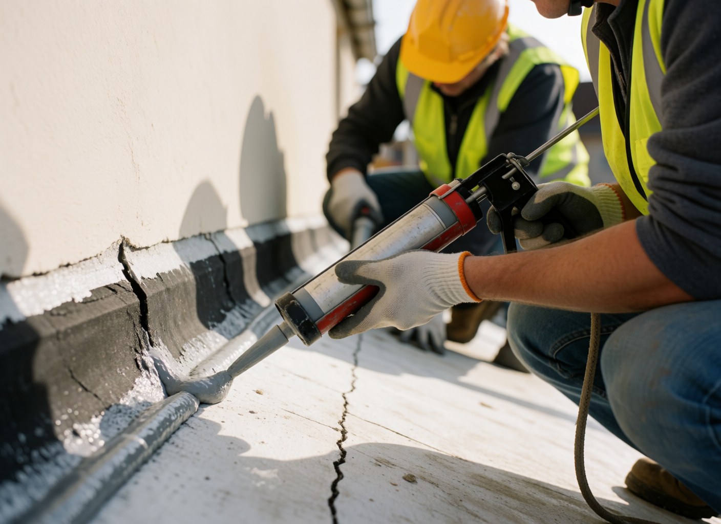 Un ouvrier en casque et gilet de sécurité applique du mastic gris sur une fissure d'un toit en fibre de verre, avec un collègue en arrière-plan.