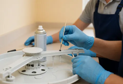 Un technicien en gants bleus nettoie une buse de lave-vaisselle avec un cure-dent, une bombe d'air comprimé est visible et l'eau s'écoule après le nettoyage.