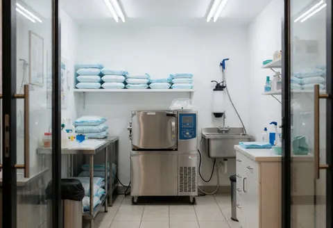 Chambre de stérilisation dans un studio de tatouage avec des autoclaves, des produits stérilisants et des kits stériles sur les étagères. Ambiance propre et professionnelle.