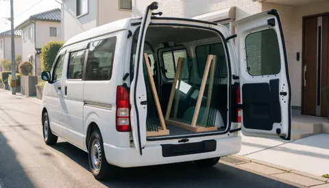 Fourgon blanc avec portes arrière ouvertes révélant de grands panneaux de verre posés sur des supports en bois, prêts pour l'installation dans un quartier résidentiel calme.