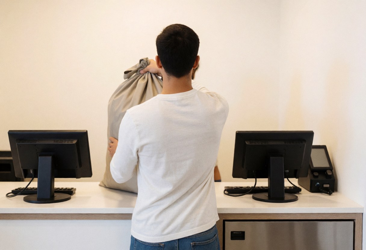 Une cliente pose un sac de linge sur le comptoir d'une laverie moderne, équipée d'ordinateurs et de casiers métalliques, dans un environnement propre aux murs blancs.