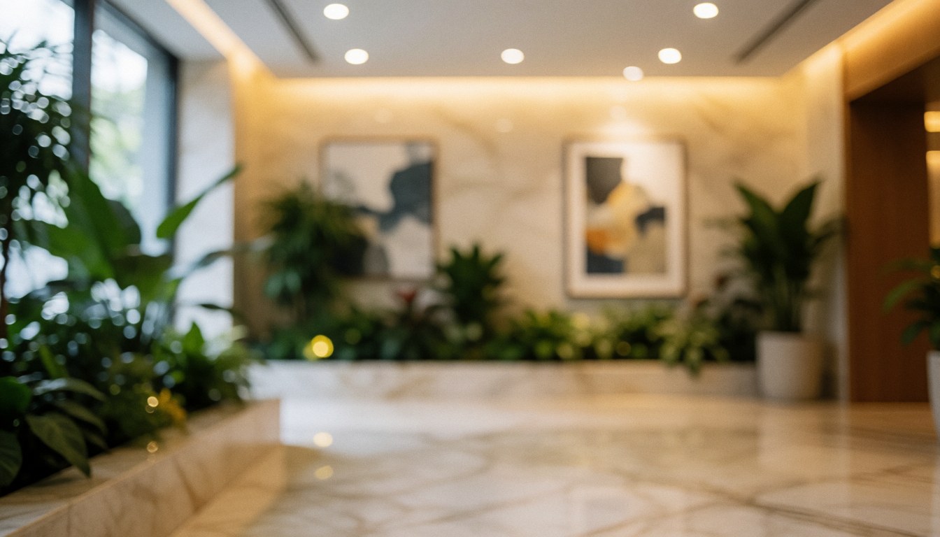 Fond de hall de resort avec plantes vertes, art encadré et sol en marbre brillant, éclairage chaleureux et ambiance pour textes.