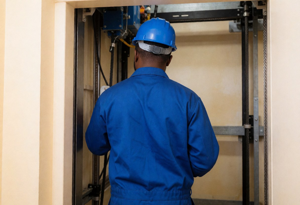 Technicien en uniforme et casque bleu inspecte les guides et câbles d'ascenseur dans un puits éclairé aux murs beige, scène professionnelle de maintenance.
