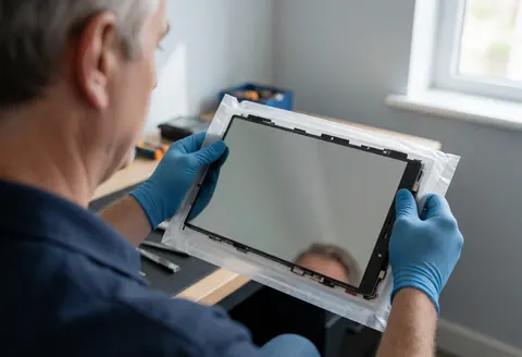 Un technicien en gants bleus tient un écran LCD neuf dans son emballage protecteur, dans un atelier avec des outils et de la lumière naturelle.
