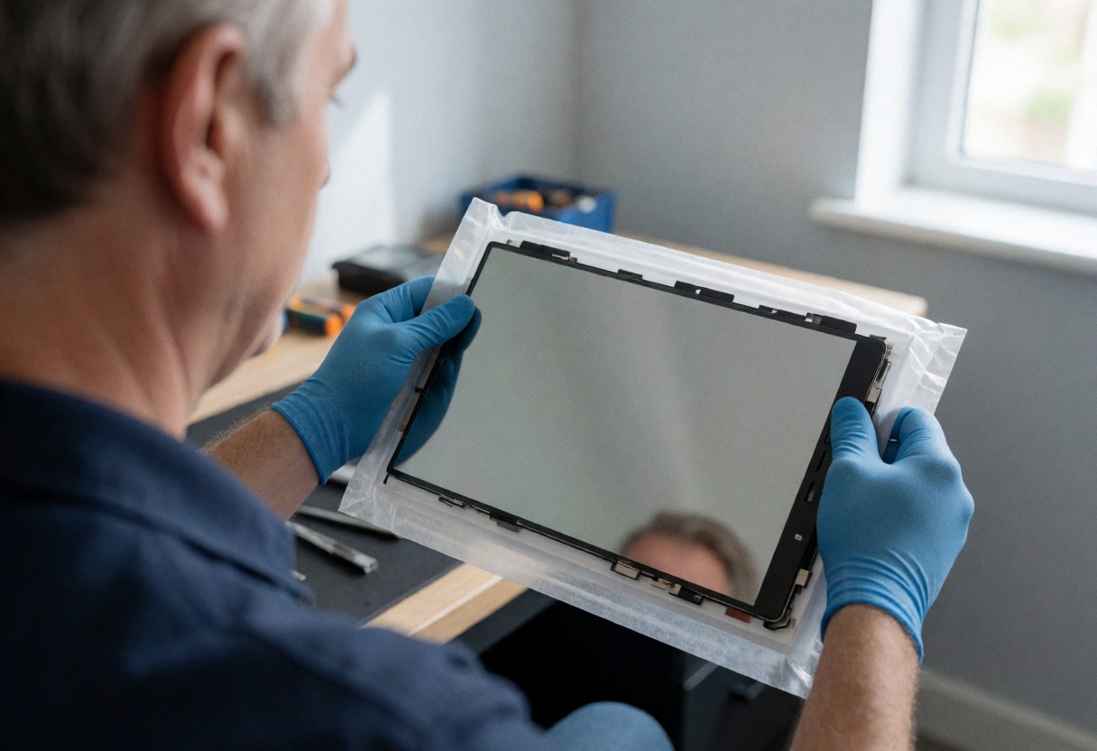 Un technicien en gants bleus tient un écran LCD neuf dans son emballage protecteur, dans un atelier avec des outils et de la lumière naturelle.
