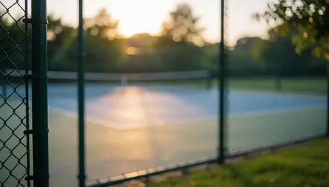 Court de tennis extérieur au coucher du soleil, éclairé par une lumière dorée, avec une clôture verte et un fond flou idéal pour ajouter du texte commercial.
