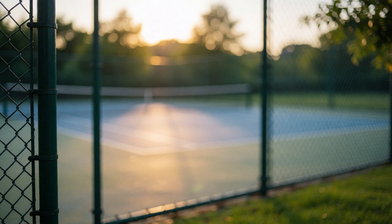Court de tennis extérieur au coucher du soleil, éclairé par une lumière dorée, avec une clôture verte et un fond flou idéal pour ajouter du texte commercial.