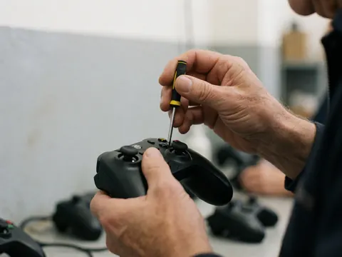 Un technicien ajuste un joystick de console à l'aide d'un tournevis dans un atelier avec un fond flou et une lumière douce sur un mur gris.