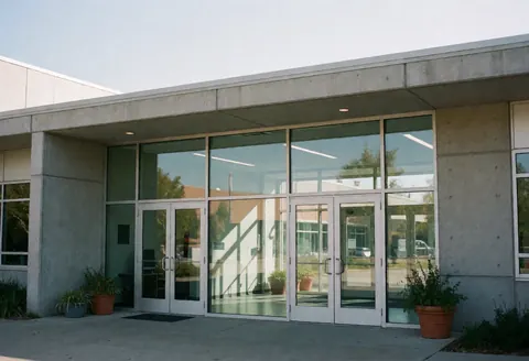 Entrée d'un centre éducatif moderne avec portes vitrées, murs en béton et plantes en pot sous la lumière naturelle du matin.