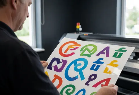 Un professionnel examine une feuille de vinyle imprimée de logos colorés devant une imprimante industrielle dans un environnement lumineux à murs gris.