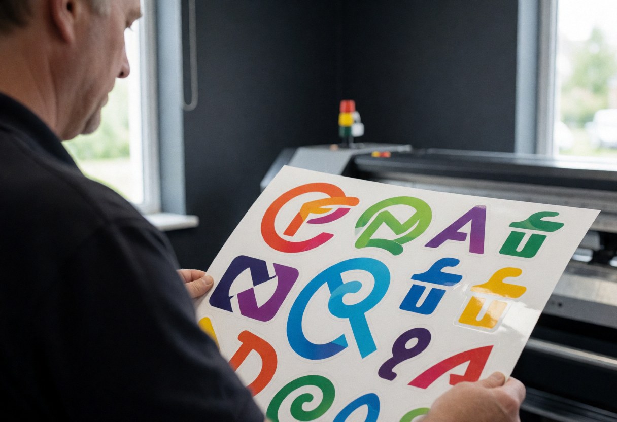 Un professionnel examine une feuille de vinyle imprimée de logos colorés devant une imprimante industrielle dans un environnement lumineux à murs gris.