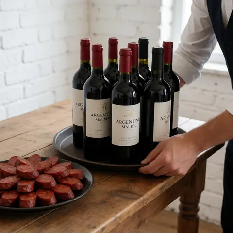 Un coordinateur de fêtes sert du vin et du chorizo sur une table en bois rustique devant un mur de briques blanches.