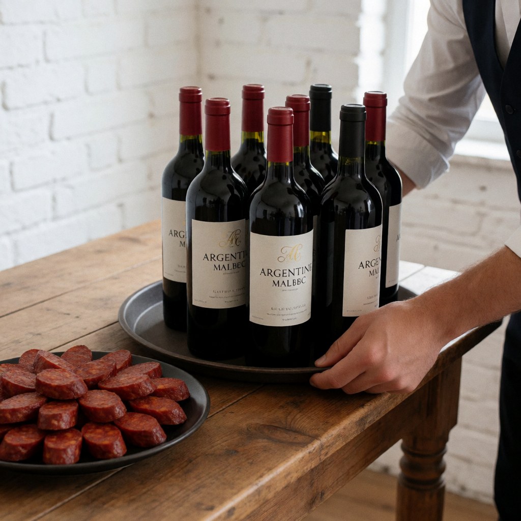 Un coordinateur de fêtes sert du vin et du chorizo sur une table en bois rustique devant un mur de briques blanches.