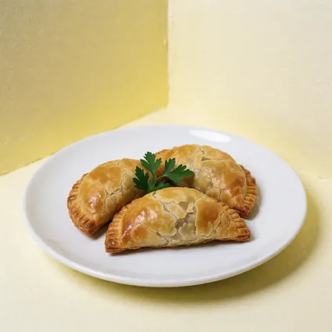 Trois empanadas à la pâte dorée et croustillante posées sur une assiette blanche, ornées d'une feuille de persil, devant un mur jaune vif.