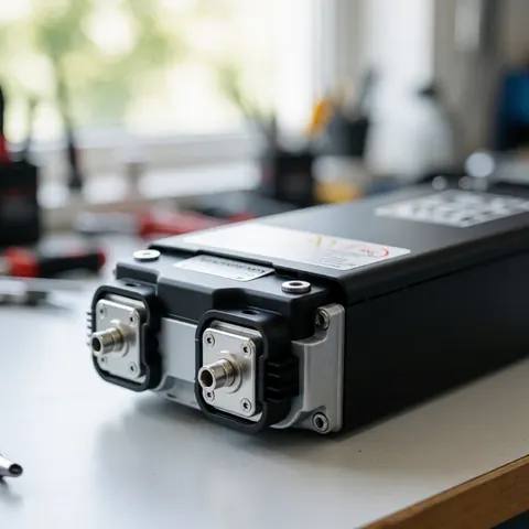 Batterie de scooter électrique sur une table de travail avec bornes métalliques et étiquettes d'avertissement, fond flou montrant des outils.