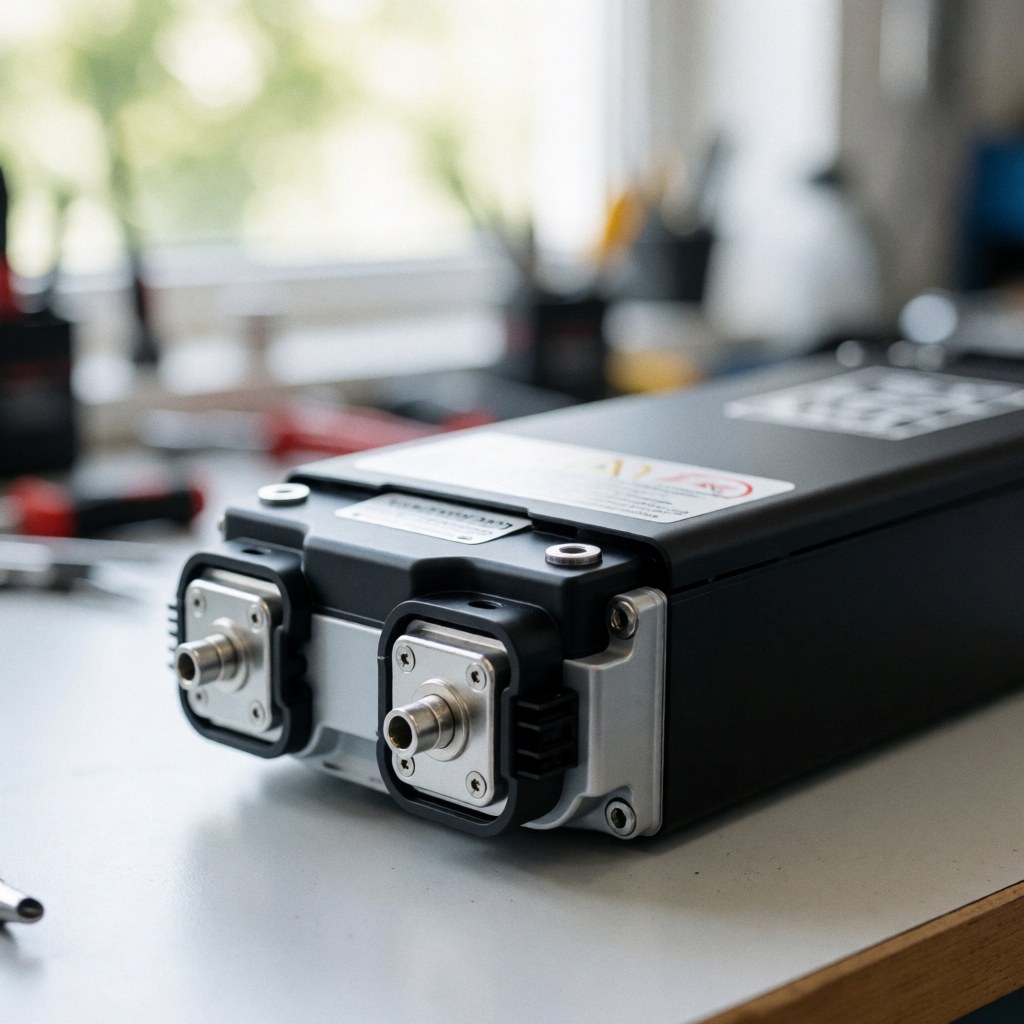 Batterie de scooter électrique sur une table de travail avec bornes métalliques et étiquettes d'avertissement, fond flou montrant des outils.