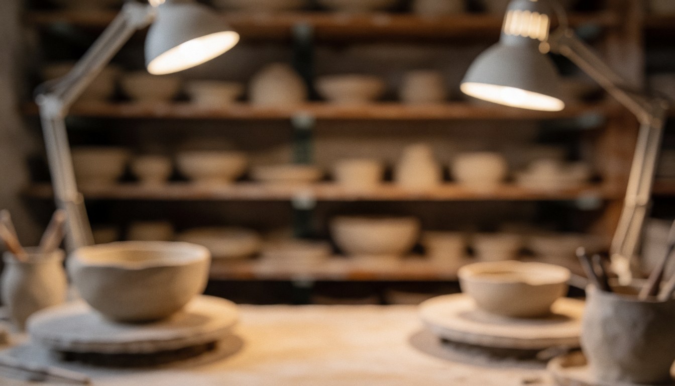 Arrière-plan d'atelier de céramique avec lumières de travail, bols en terre cuite et étagères en bois pour textes.
