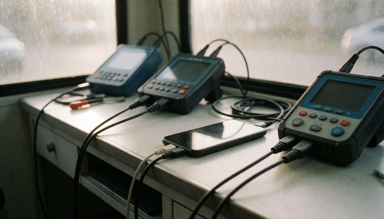 Un téléphone noir relié à trois appareils de test par des câbles, posé sur une table de travail près d'une fenêtre avec une lumière diffuse.