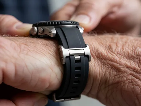 Gros plan sur la fermeture d'un bracelet de montre de sport en caoutchouc noir avec des détails métalliques brillants, illustrant la texture et les matériaux utilisés.