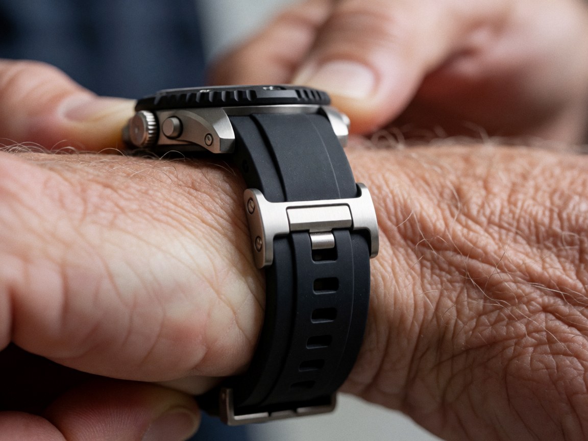 Gros plan sur la fermeture d'un bracelet de montre de sport en caoutchouc noir avec des détails métalliques brillants, illustrant la texture et les matériaux utilisés.