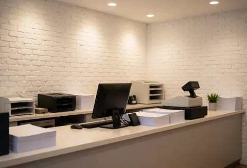 Comptoir d'imprimerie avec caisse enregistreuse, ordinateur, pile de papier et mur de briques blanches. Ambiance propre et professionnelle pour accueillir les clients.