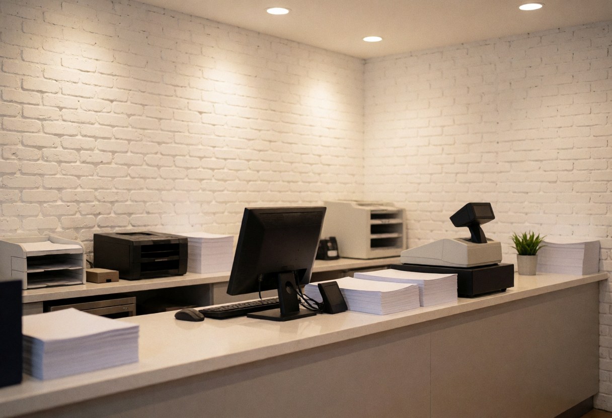 Comptoir d'imprimerie avec caisse enregistreuse, ordinateur, pile de papier et mur de briques blanches. Ambiance propre et professionnelle pour accueillir les clients.