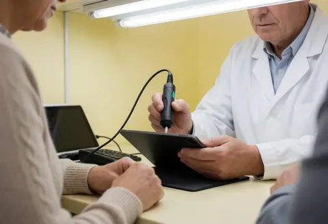 Un technicien en laboratoire utilise un outil de diagnostic sur une tablette tandis qu'un client observe dans un environnement professionnel éclairé par des néons avec des murs jaunes.