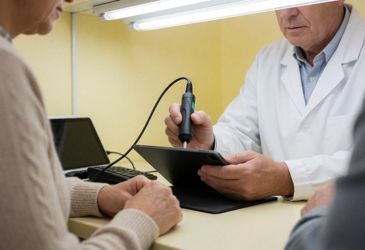 Un technicien en laboratoire utilise un outil de diagnostic sur une tablette tandis qu'un client observe dans un environnement professionnel éclairé par des néons avec des murs jaunes.
