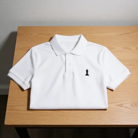 Chemise polo blanche pliée sur une table en bois avec un logo de roi d'échecs sur la poitrine, éclairage naturel et fond gris clair.