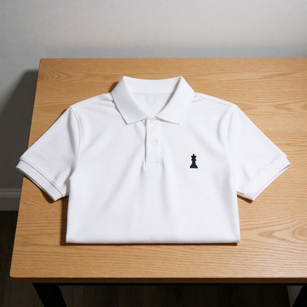 Chemise polo blanche pliée sur une table en bois avec un logo de roi d'échecs sur la poitrine, éclairage naturel et fond gris clair.