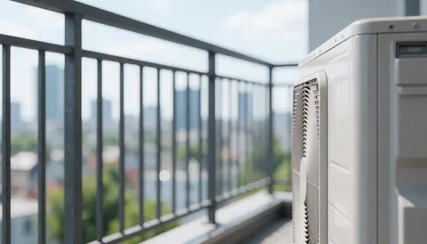 Unité de chauffage blanche posée sur une terrasse avec une balustrade métallique et un fond urbain flou, adapté pour des textes commerciaux.