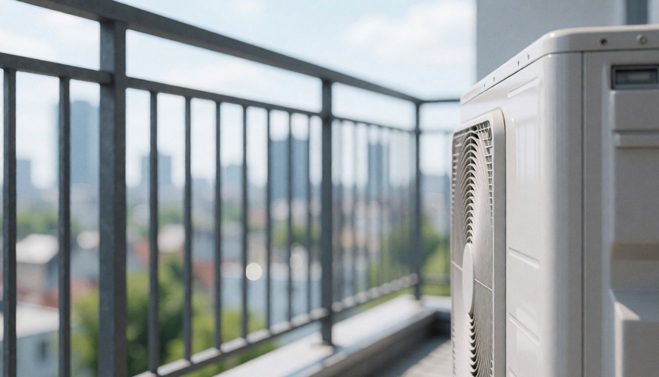 Unité de chauffage blanche posée sur une terrasse avec une balustrade métallique et un fond urbain flou, adapté pour des textes commerciaux.