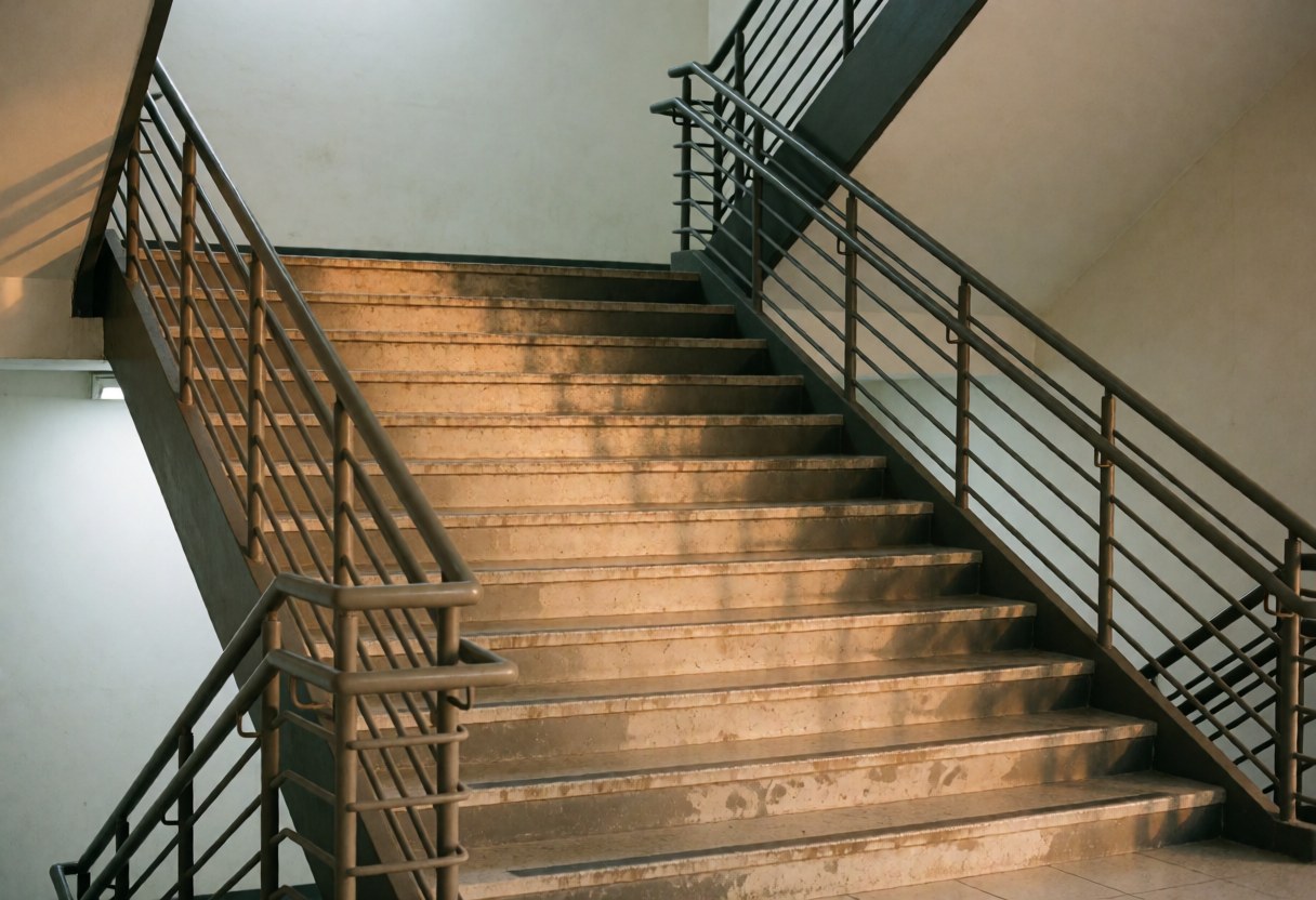 Escaliers commerciaux en métal avec des taches de saleté et des garde-corps métalliques, murs blancs et lumière chaude dans un bâtiment.