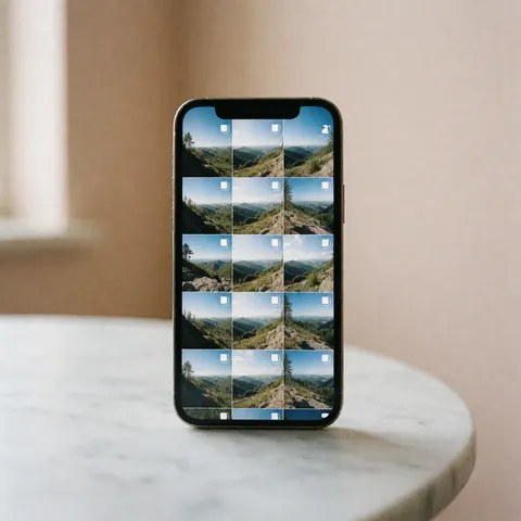 Un smartphone moderne repose sur une table en marbre blanc. Son écran affiche une grille de paysages montagneux, dans un intérieur aux murs beige avec lumière naturelle.