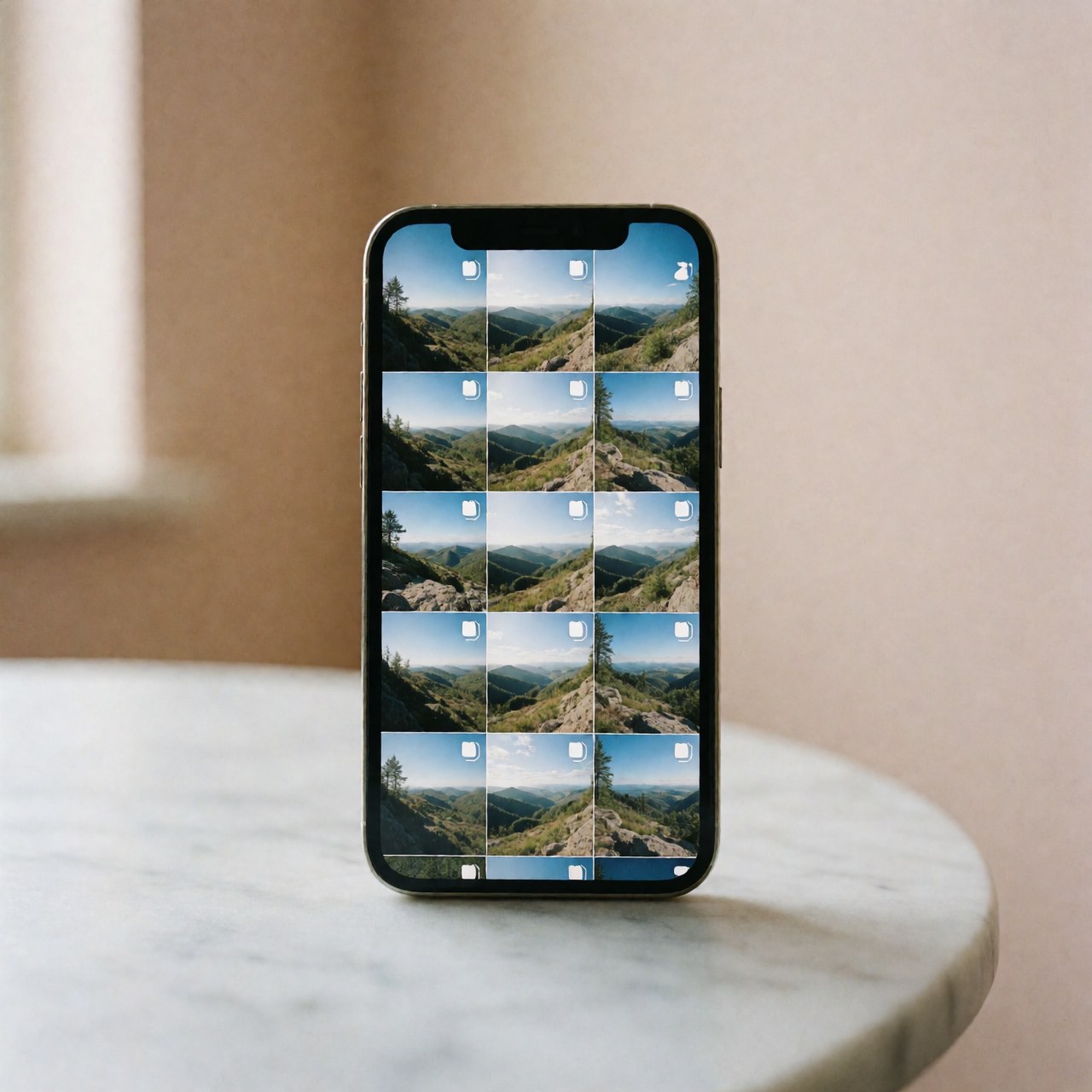 Un smartphone moderne repose sur une table en marbre blanc. Son écran affiche une grille de paysages montagneux, dans un intérieur aux murs beige avec lumière naturelle.