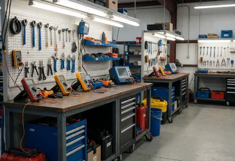 Établi avec multimètres, testeurs de batteries et outils suspendus à un panneau perforé. Éclairage fluorescent, sol en béton et postes de travail en arrière-plan.