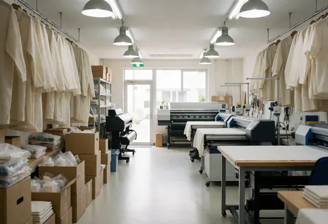 Espace de travail vide dédié à l'impression textile, équipé de grandes imprimantes industrielles, de vêtements blancs suspendus et de rangements organisés sous un éclairage mixte.