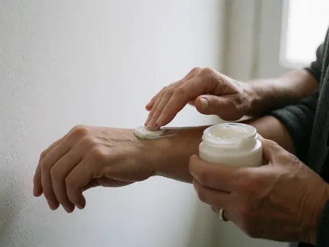 Une main applique une crème blanche sur l'avant-bras tandis qu'une autre main tient le flacon. Fond blanc, lumière naturelle, texture visible.
